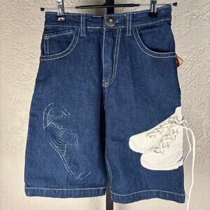 Raw Blue NWT Y2K Shoe Embroidered Baggy Skater Abstract Sz 12 Jean Shorts